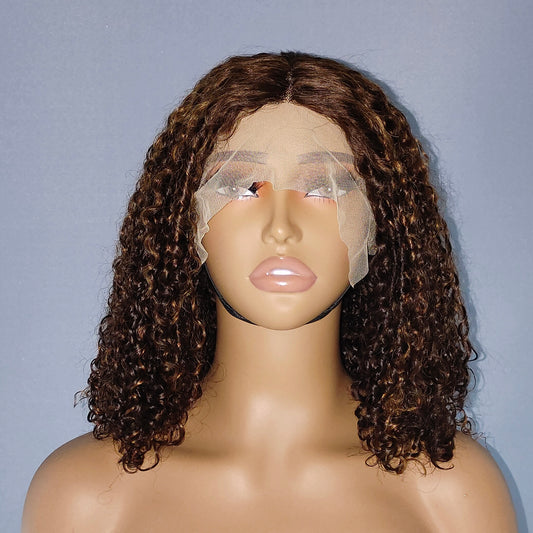 Mayqueen curly 13x4 hi-def transparent T-shape Swiss lace real hair wig pre-pull baby hair real hair wig.