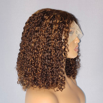 Mayqueen curly 13x4 hi-def transparent T-shape Swiss lace real hair wig pre-pull baby hair real hair wig.