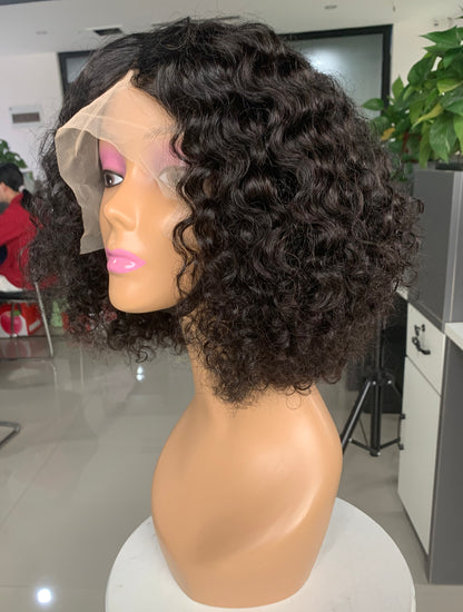 Mayqueen curly 13x4 high definition transparent T-shape Swiss lace wig for black women.