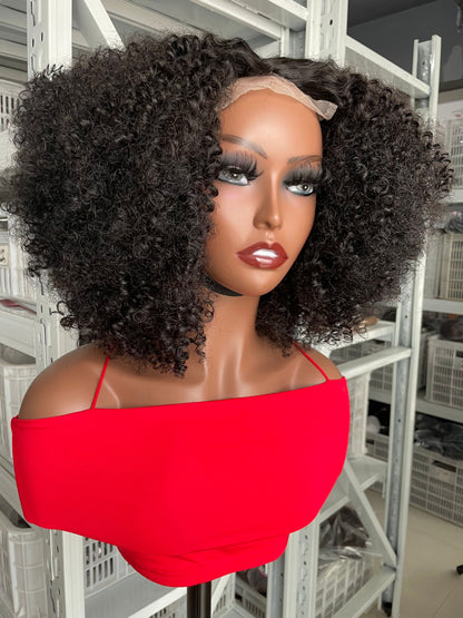 Mayqueen curly black female 4x4 high definition clear T-lace wig real hair, no glue pre-pull baby hair.