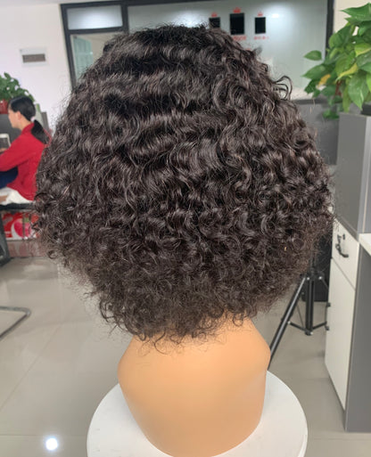 Mayqueen curly 13x4 high definition transparent T-shape Swiss lace wig for black women.